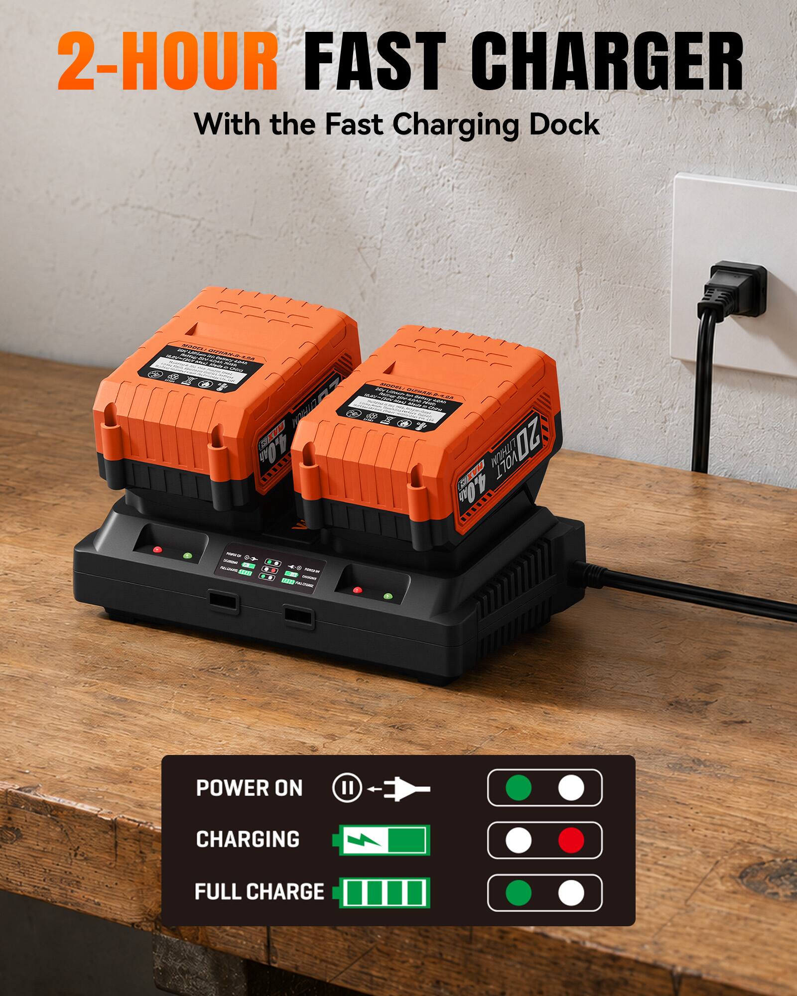 2-HOUR FAST CHARGER  
With the Fast Charging Dock  

POWER ON  
CHARGING  
FULL CHARGE