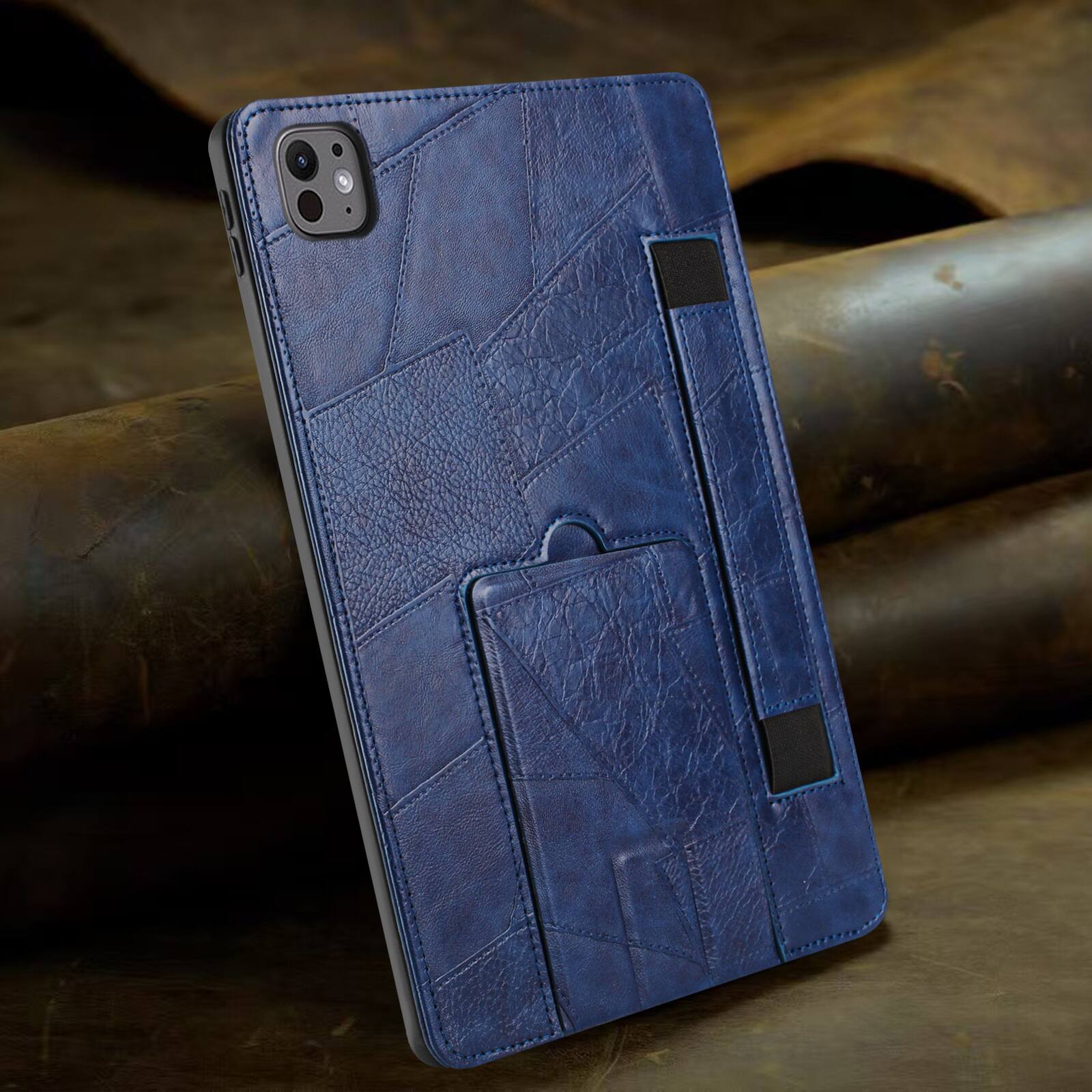Left. Dteck - Leather Texture Case for Apple iPad Air (M4) 13" 2026, Shockproof Cover with Multi-Angle Stand and Secure Hand Strap - Blue.