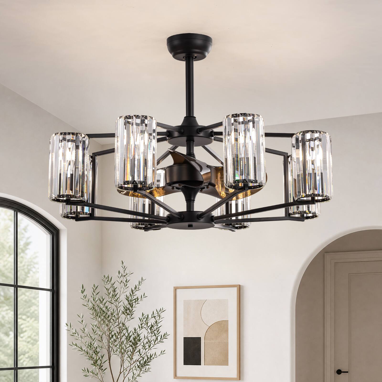 Angle. Siljoy - 36 Inch Ferris Wheel Design 8-Light Matte Black Dimmable Crystal Fandelier For Dining Living Bedroom - Black.