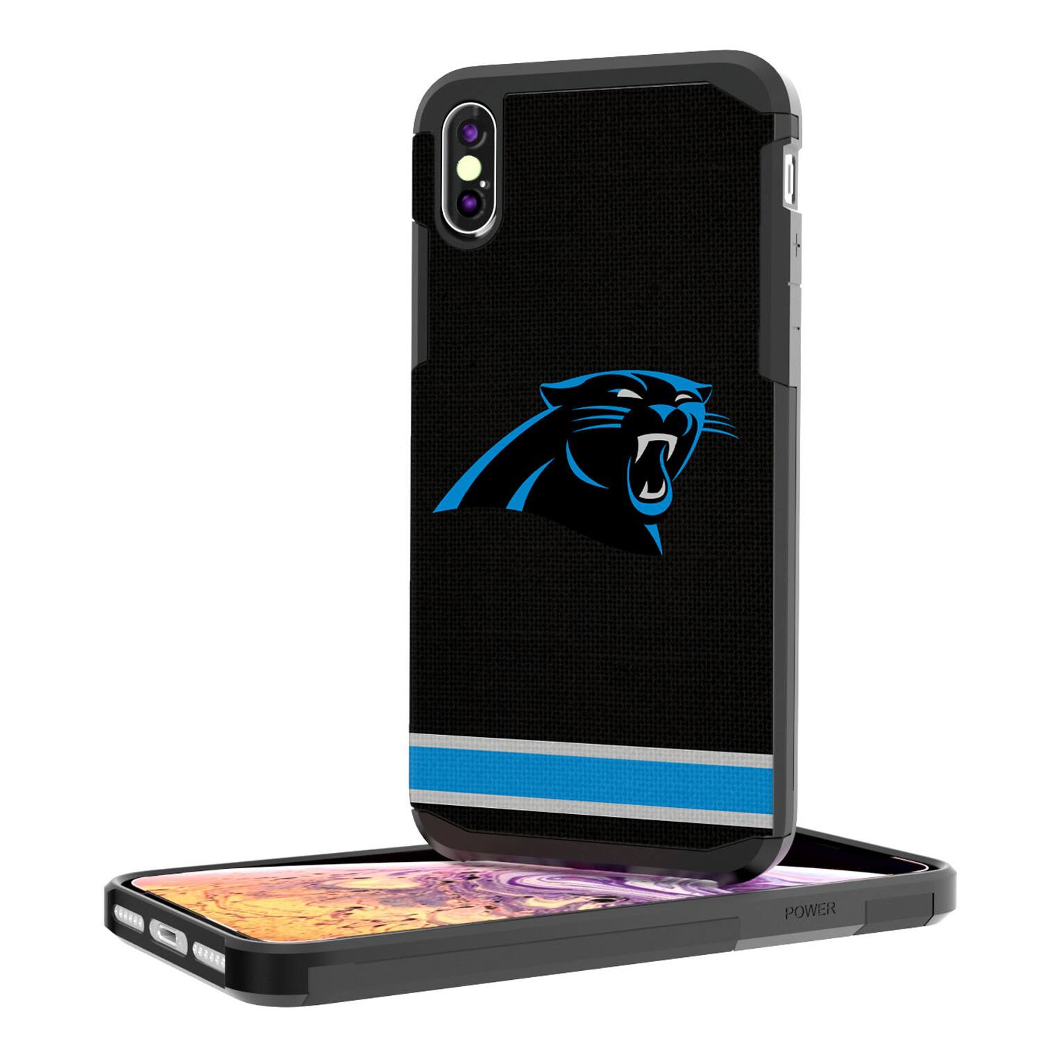Alt View 1. Keyscaper - Carolina Panthers iPhone Rugged Stripe Design Case - 16 Pro - Multicolor.