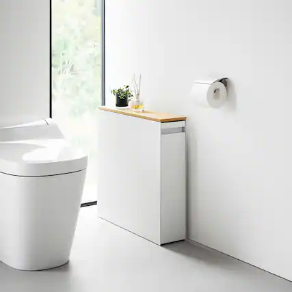 Front. Yamazaki Home - Pull-Out Bathroom Storage Cabinet - Steel + Wood - White.
