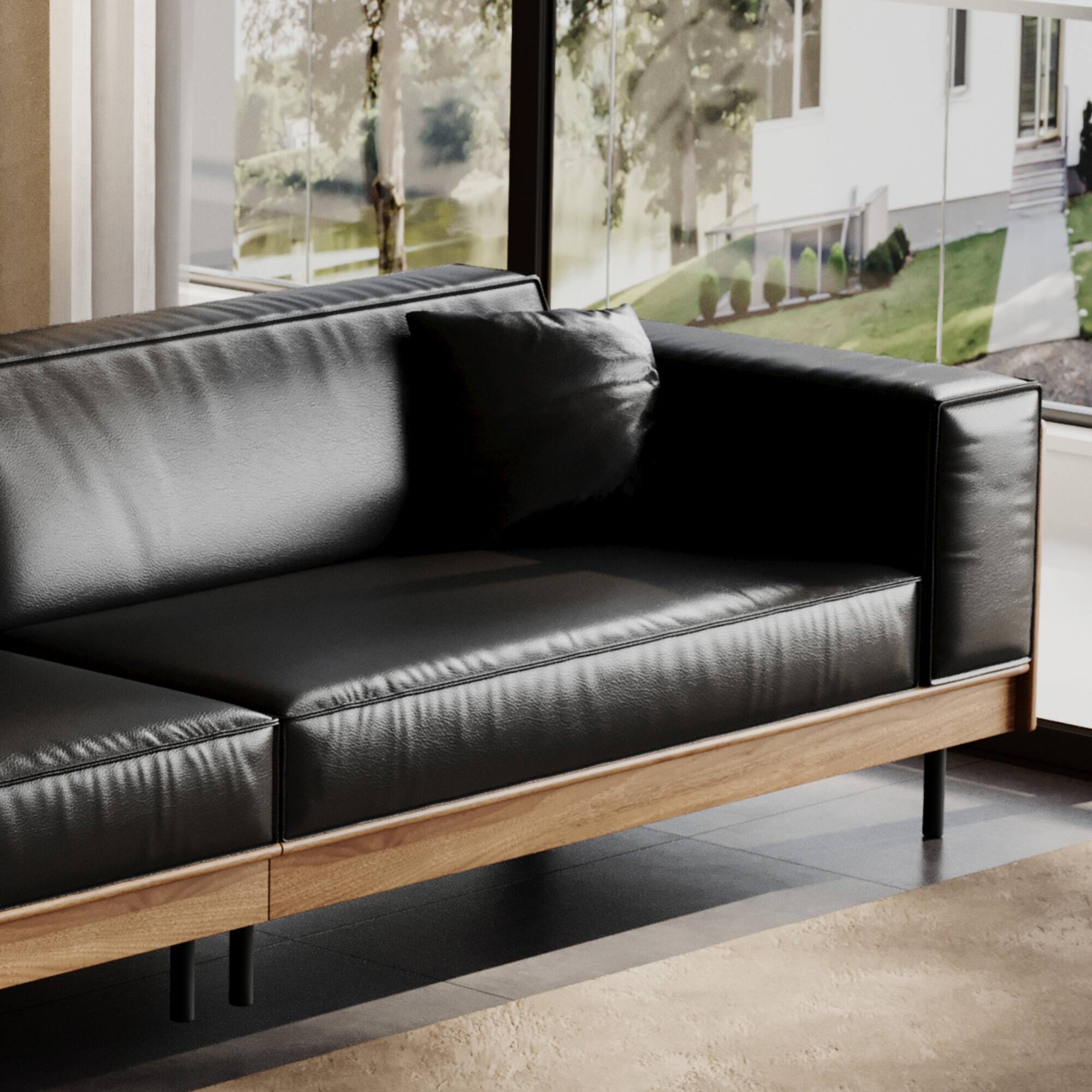 Back. luck idea - Modern Leather Sofa 98.42" Wide, Upholstered Couch with Solid Wood Frame, Metal Legs and 3 Throw Pillows - Black.