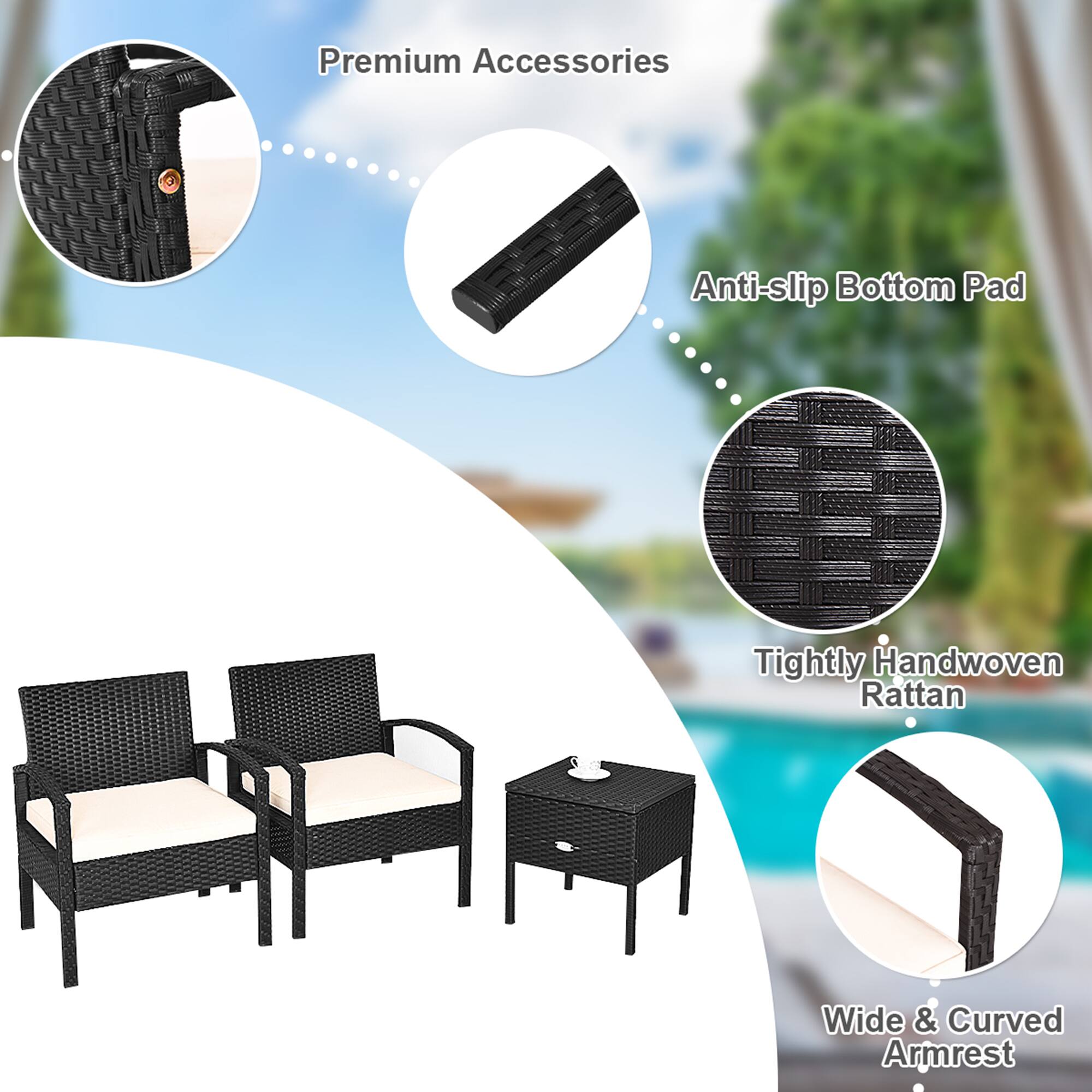 Premium Accessories, Anti-slip Bottom Pad, Tightly Handwoven Rattan, Wide & Curved Armrest