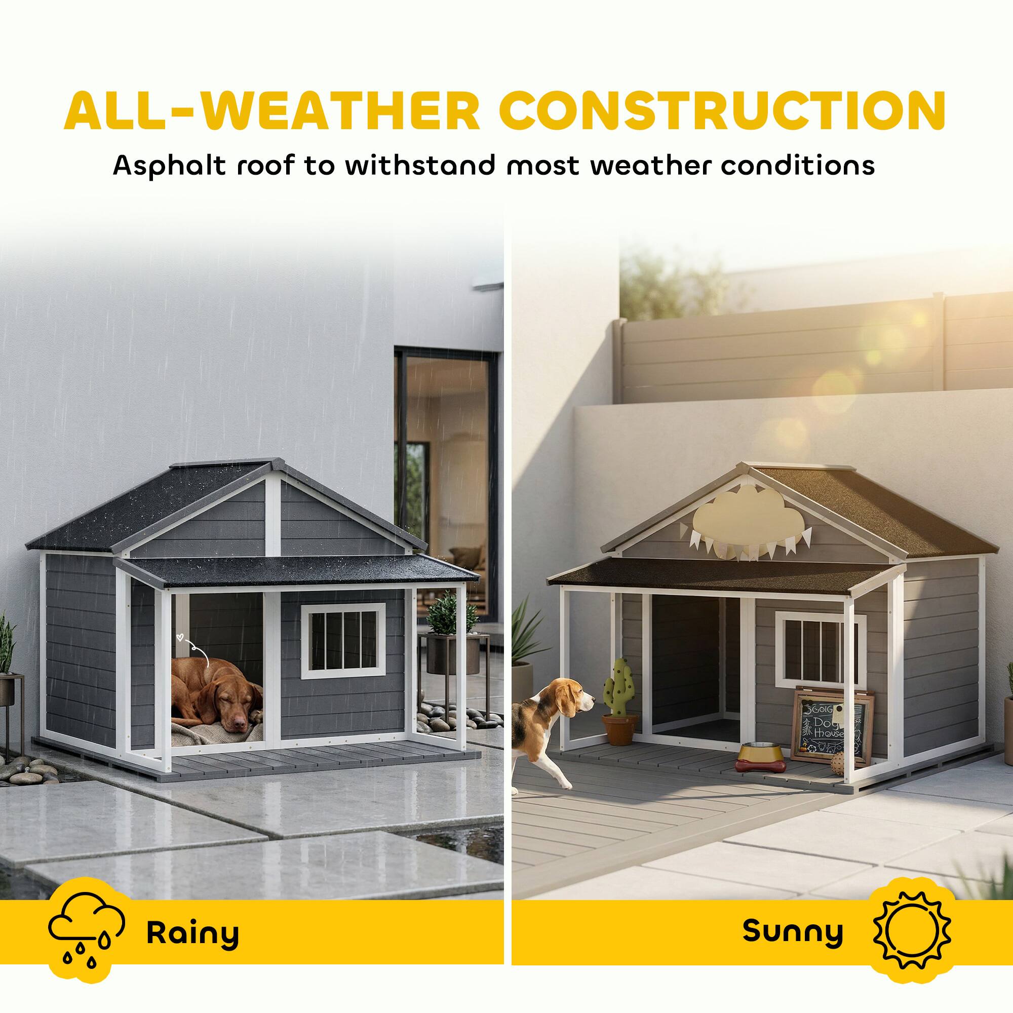ALL-WEATHER CONSTRUCTION  
Asphalt roof to withstand most weather conditions  

Rainy  
Sunny