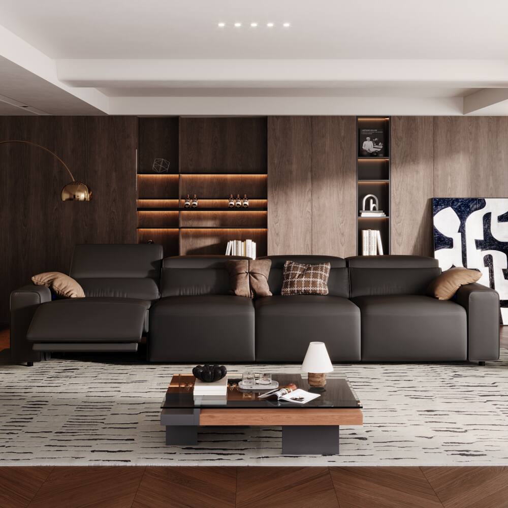 Left. POVISON - 138.82" Power Modular Couch Electric Recliner Sofa, 2 Extendable Recliners, USB Charging Port, Living Room, Khaki - Black Sustainable Leather.