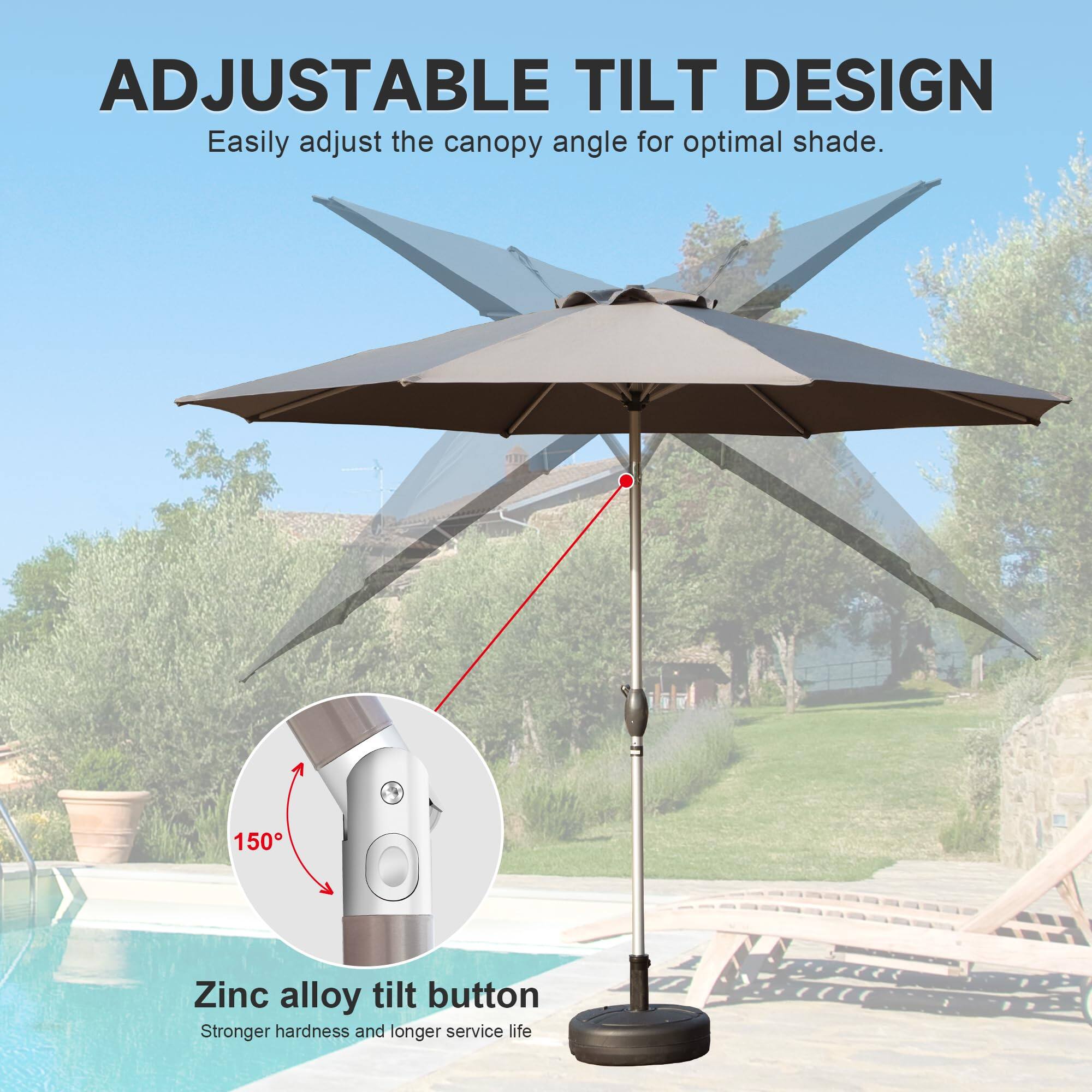 ADJUSTABLE TILT DESIGN  
Easily adjust the canopy angle for optimal shade.  

Zinc alloy tilt button  
Stronger hardness and longer service life  

150°