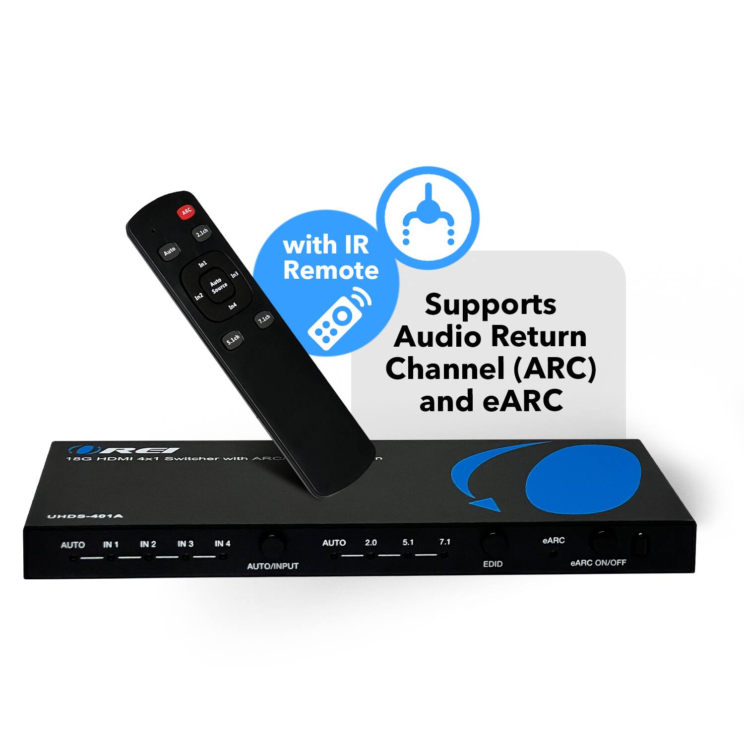 8A Auta 1ich led i Ruta Seuree IN IM 1.30 with IR Remote 1.5ch Supports Audio Return Channel (ARC) and eARC DRE 188 HOM F switeher WIN ARL AFOL-SOHU AUTO IN 1 IN 2 IN 3 IN 4 AUTO 2.0 5.1 7.1 eAR AUTO/INPUT EDID ARC ON/OFF