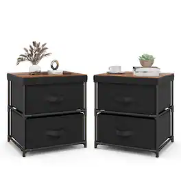 Costway - 2PCS Fabric Bedside Table 2 Drawers Nightstand Small Dresser Bedroom Living Room - Black/Rustic Brown