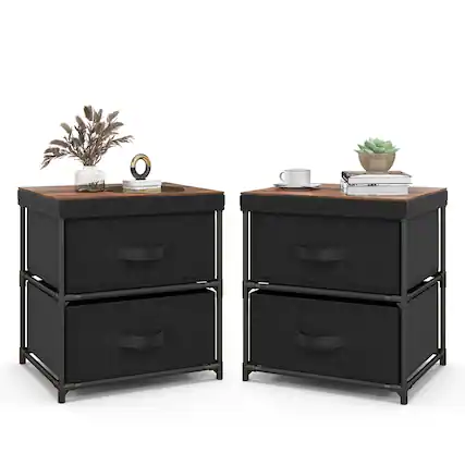 Front. Costway - 2PCS Fabric Bedside Table 2 Drawers Nightstand Small Dresser Bedroom Living Room - Black/Rustic Brown.