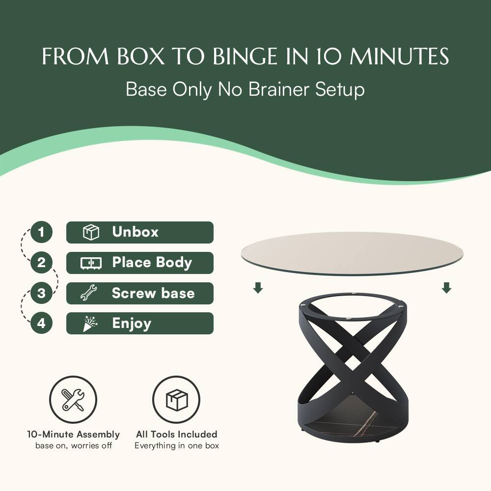FROM BOX TO BINGE IN 10 MINUTES  
Base Only No Brainer Setup  

1. Unbox  
2. Place Body  
3. Screw base  
4. Enjoy  

10-Minute Assembly  
base on, worries off  

All Tools Included  
Everything in one box