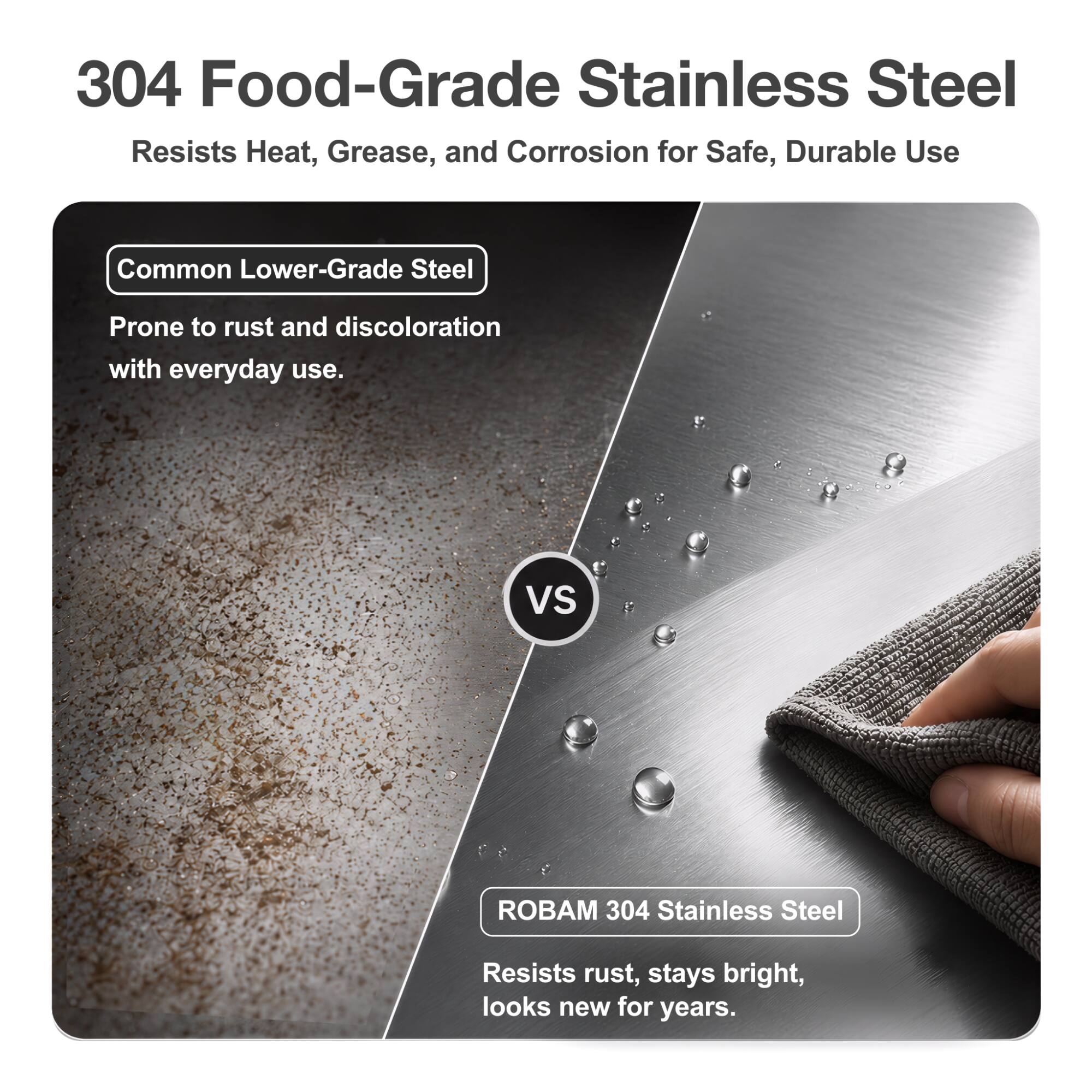 304 Food-Grade Stainless Steel Resists Heat, Grease, and Corrosion for Safe, Durable Use

Common Lower-Grade Steel
Prone to rust and discoloration with everyday use.

VS

ROBAM 304 Stainless Steel
Resists rust, stays bright, looks new for years.