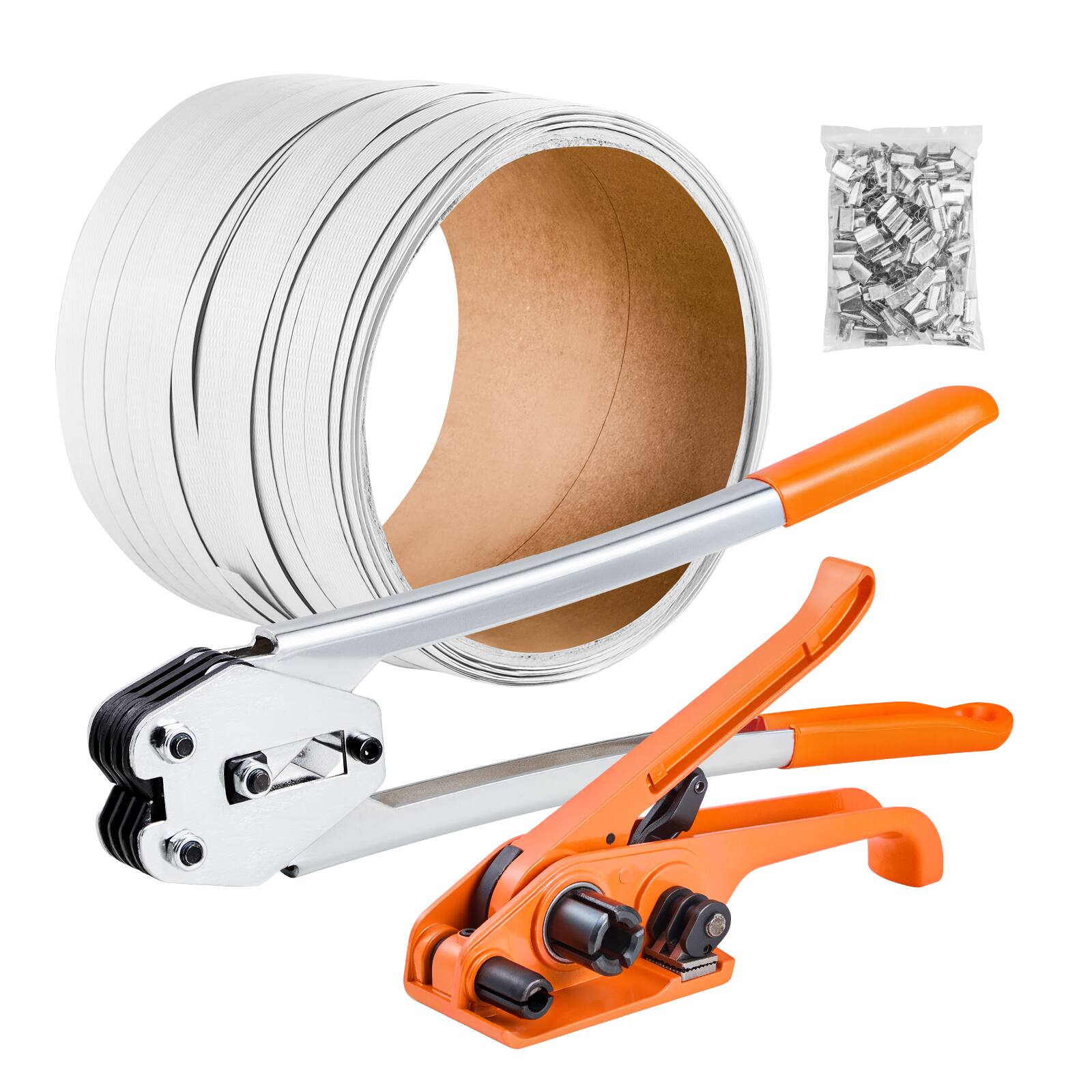 VEVOR - Banding Strapping Kit, Heavy Duty Banding Sealer Tool with 330 ft Length PP Band, 100 Metal Seals - Orange; Silver