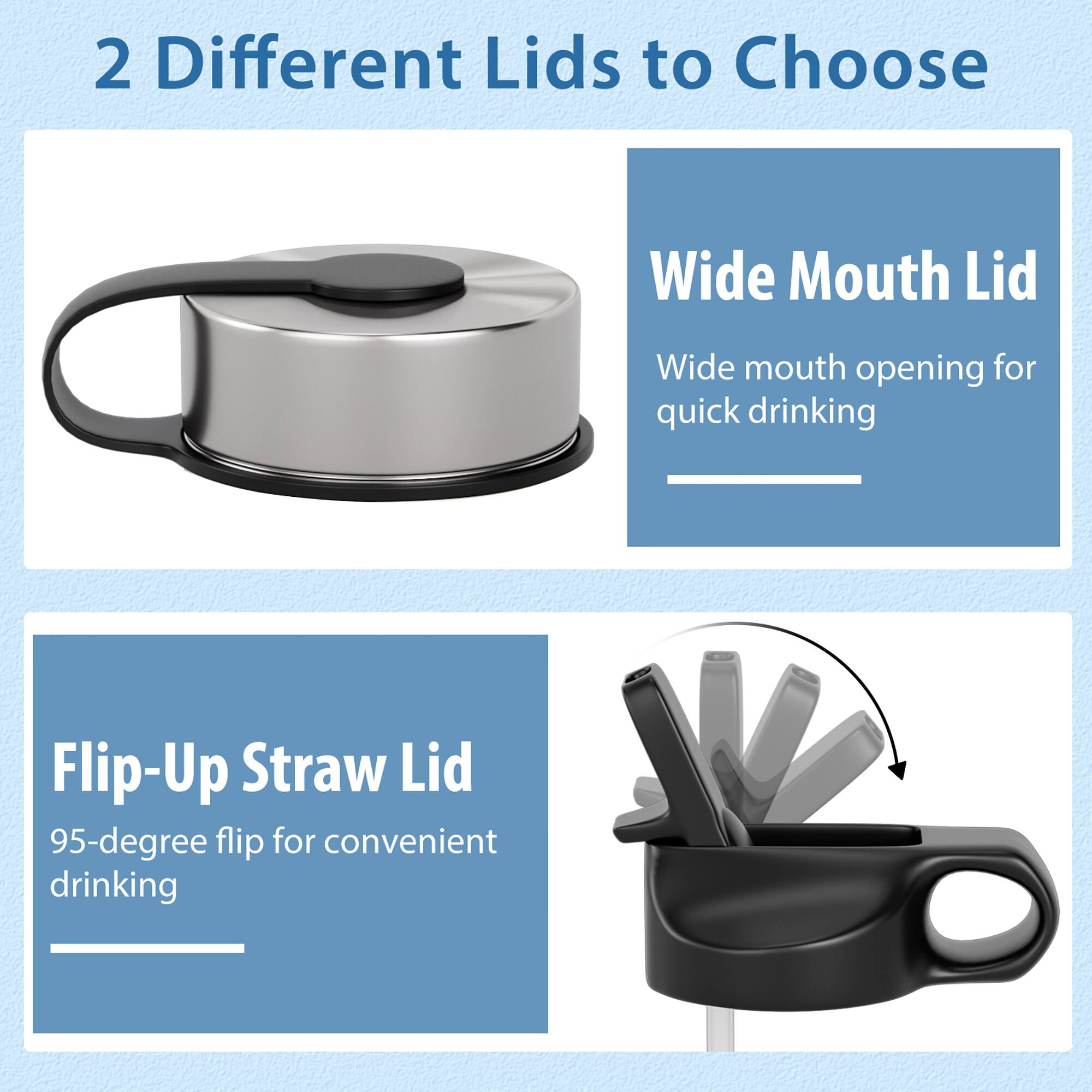 2 Different Lids to Choose

Wide Mouth Lid
Wide mouth opening for quick drinking

Flip-Up Straw Lid
95-degree flip for convenient drinking