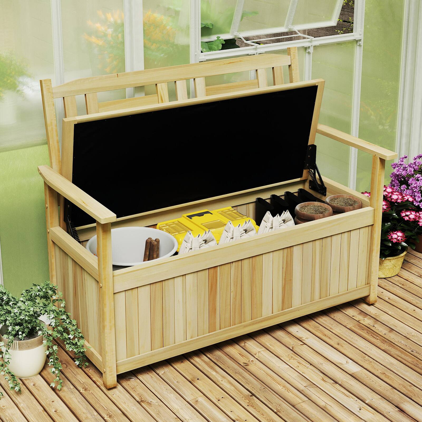 Alt View 3. Gymax - Gymax Storage Bench Outdoor Solid Wood Deck Box w/Backrest Slatted Seat & Armrests - Yellow.
