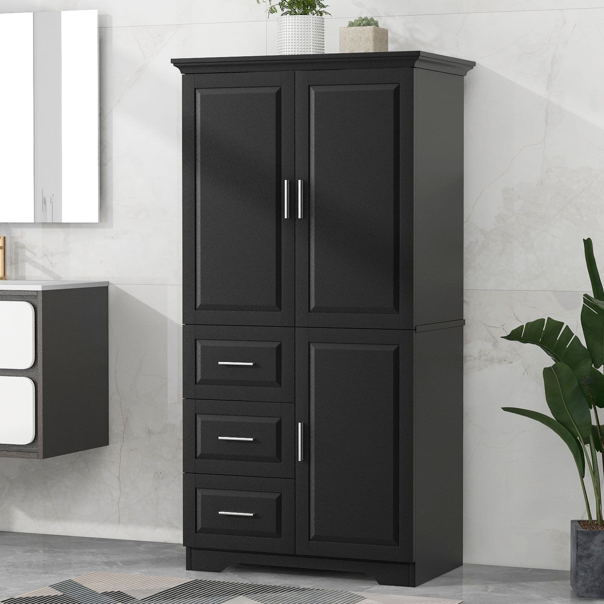 Mirfee - Tall Wide Storage Cabinet with Doors, 3 Drawers, for Bathroom Office - Black