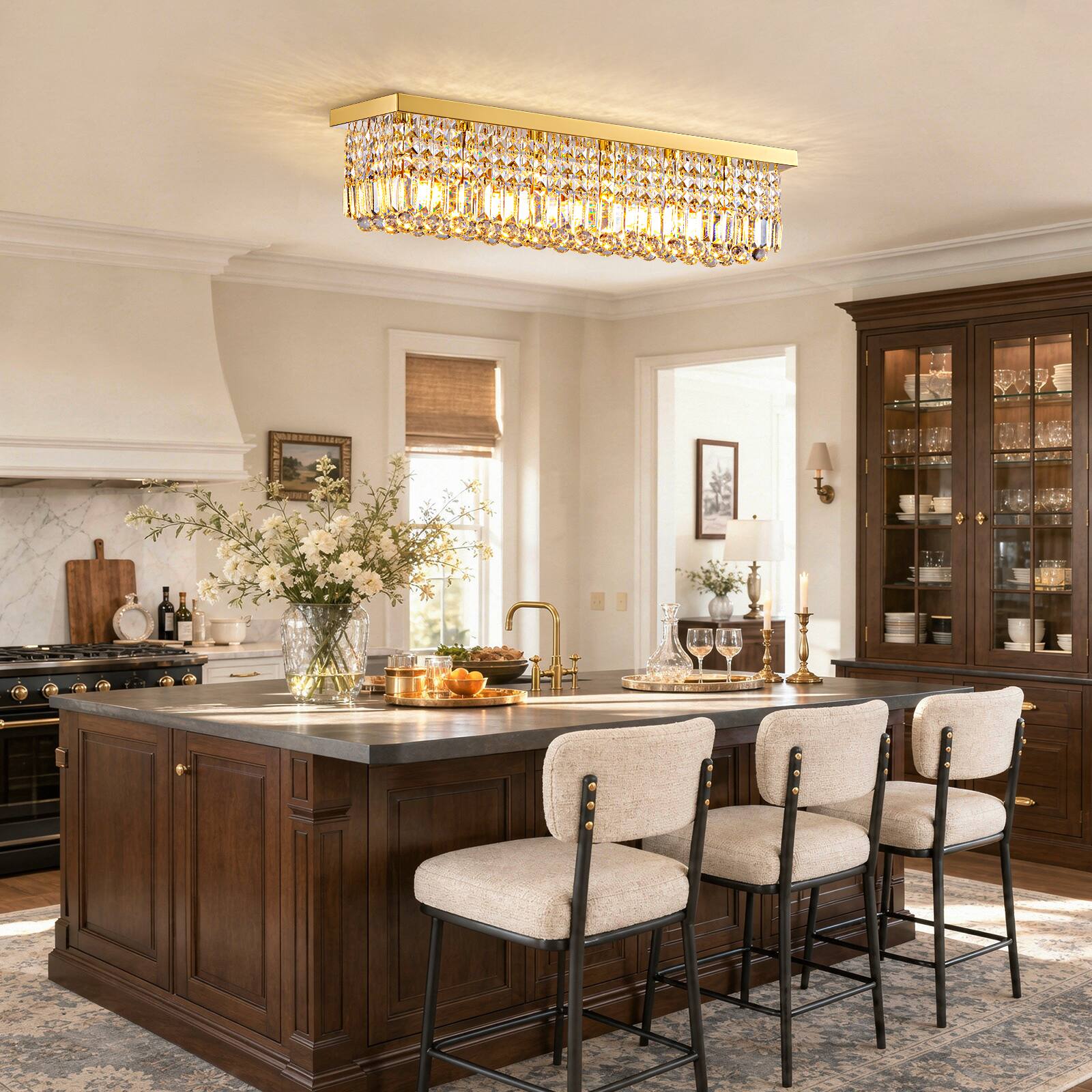 Alt View 4. Siljoy - 31.5" 6-Light Gold Linear K9 Crystal Chandelier, Flush Mount Dimmable E12 Ceiling Light for Dining Kitchen Living Room - Gold.