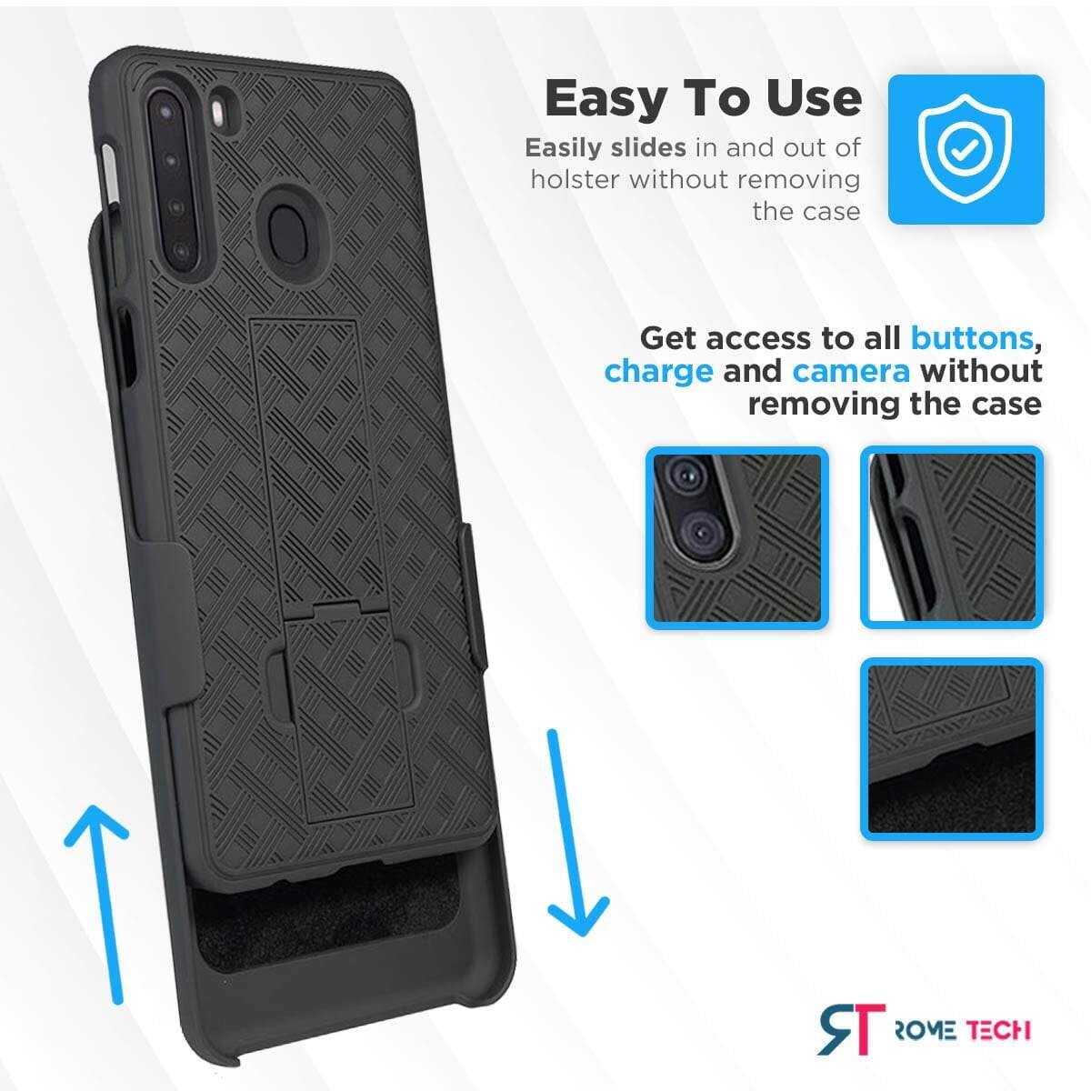 Easy To Use  
Easily slides in and out of holster without removing the case  

Get access to all buttons, charge and camera without removing the case  

TR ROME TECH