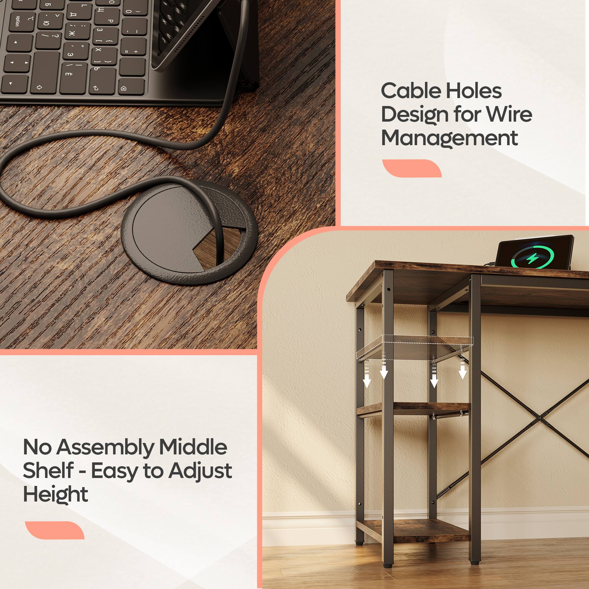 Cable Holes Design for Wire Management No Assembly Middle Shelf Shelf- Easy to Adjust Height
