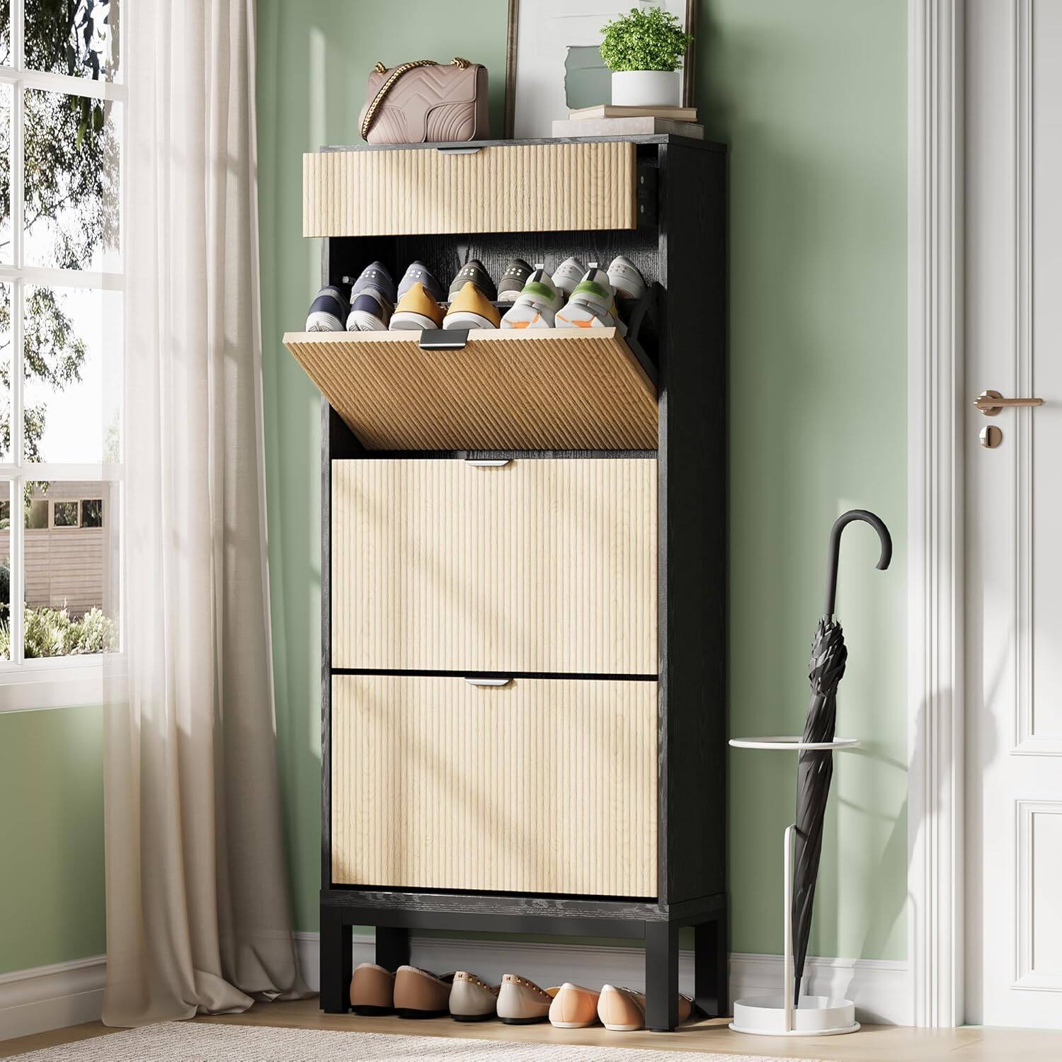 Front. Homhougo - Wooden Shoe Cabinet with 3 Flip Doors & 1 Drawer – Slim Modern Fluted Shoe Organizer with Iron Legs, Freestanding - Black.