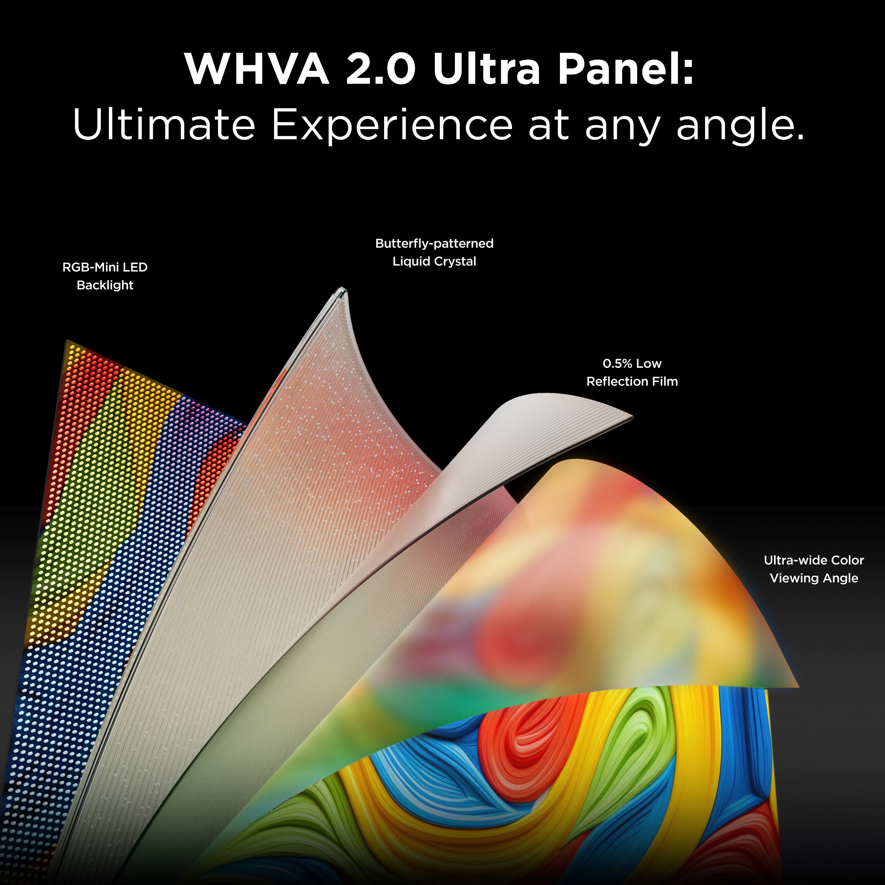 WHVA 2.0 Ultra Panel: Ultimate Experience at any angle.  
RGB-Mini LED Backlight  
Butterfly-patterned Liquid Crystal  
0.5% Low Reflection Film  
Ultra-wide Color Viewing Angle