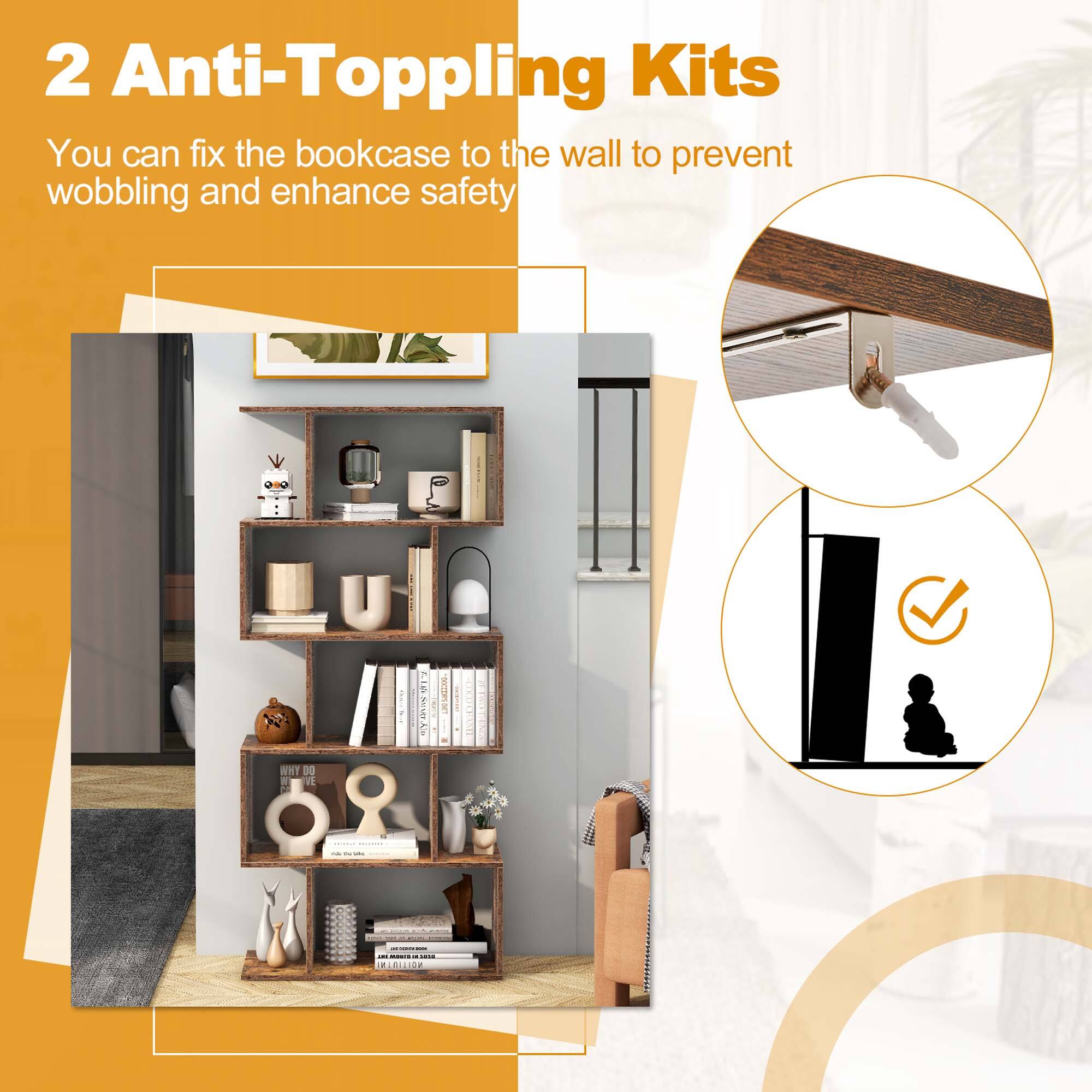 2 Anti-Toppling Kits You can fix the bookcase to the wall to prevent wobbling and enhance safety
