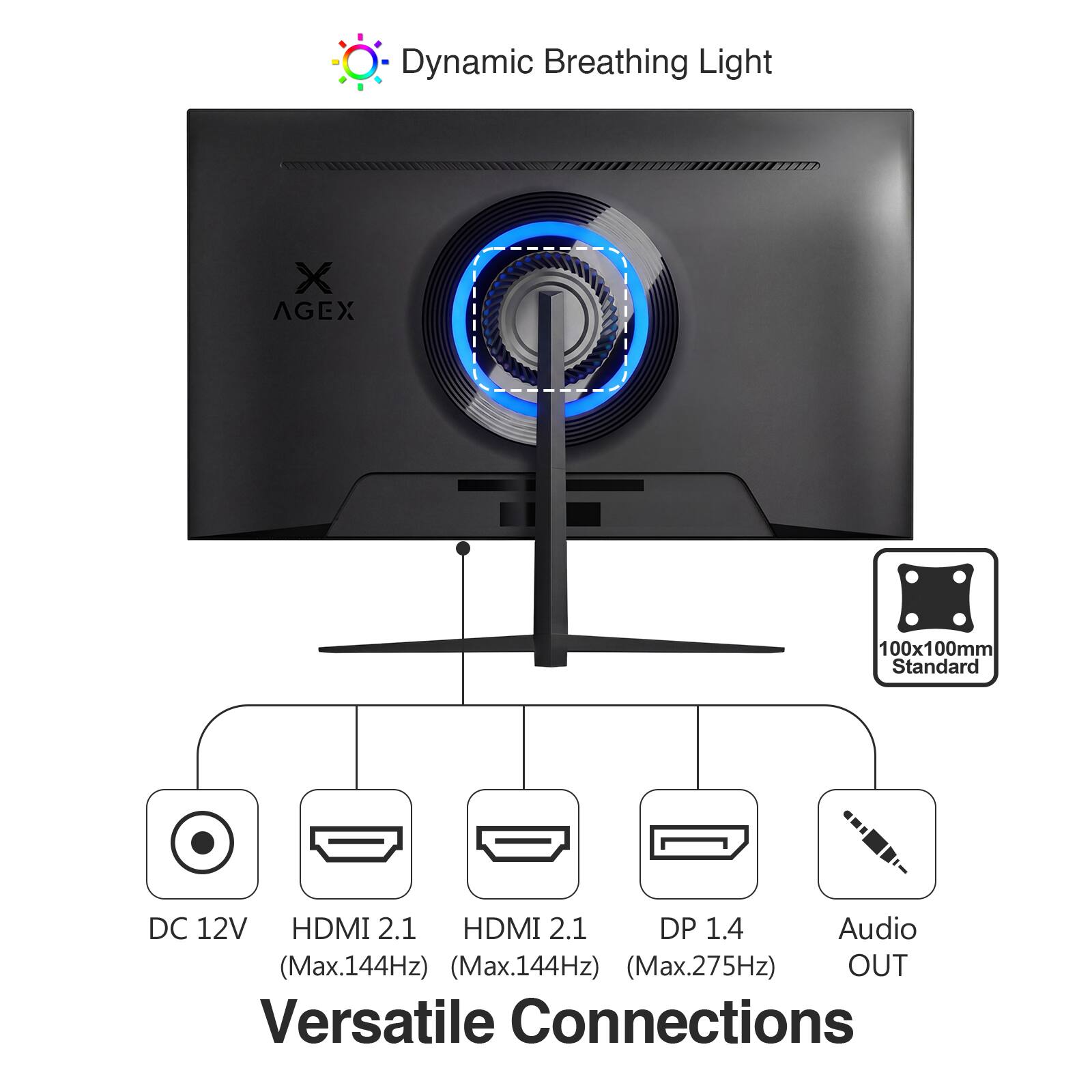 Dynamic Breathing Light  
X AGEX 100x100mm Standard  
DC 12V HDMI 2.1 HDMI 2.1 DP 1.4 Audio (Max.144Hz) (Max.144Hz) (Max.275Hz) OUT  
Versatile Connections