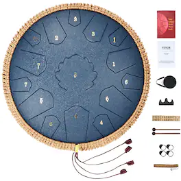 VEVOR - Steel Tongue Drum, 14 in & 15 Notes, Rain Drum for Outside Garden, D Major Key, Tank Drum with 2 Mallets & Carry Bag - Navy Blue