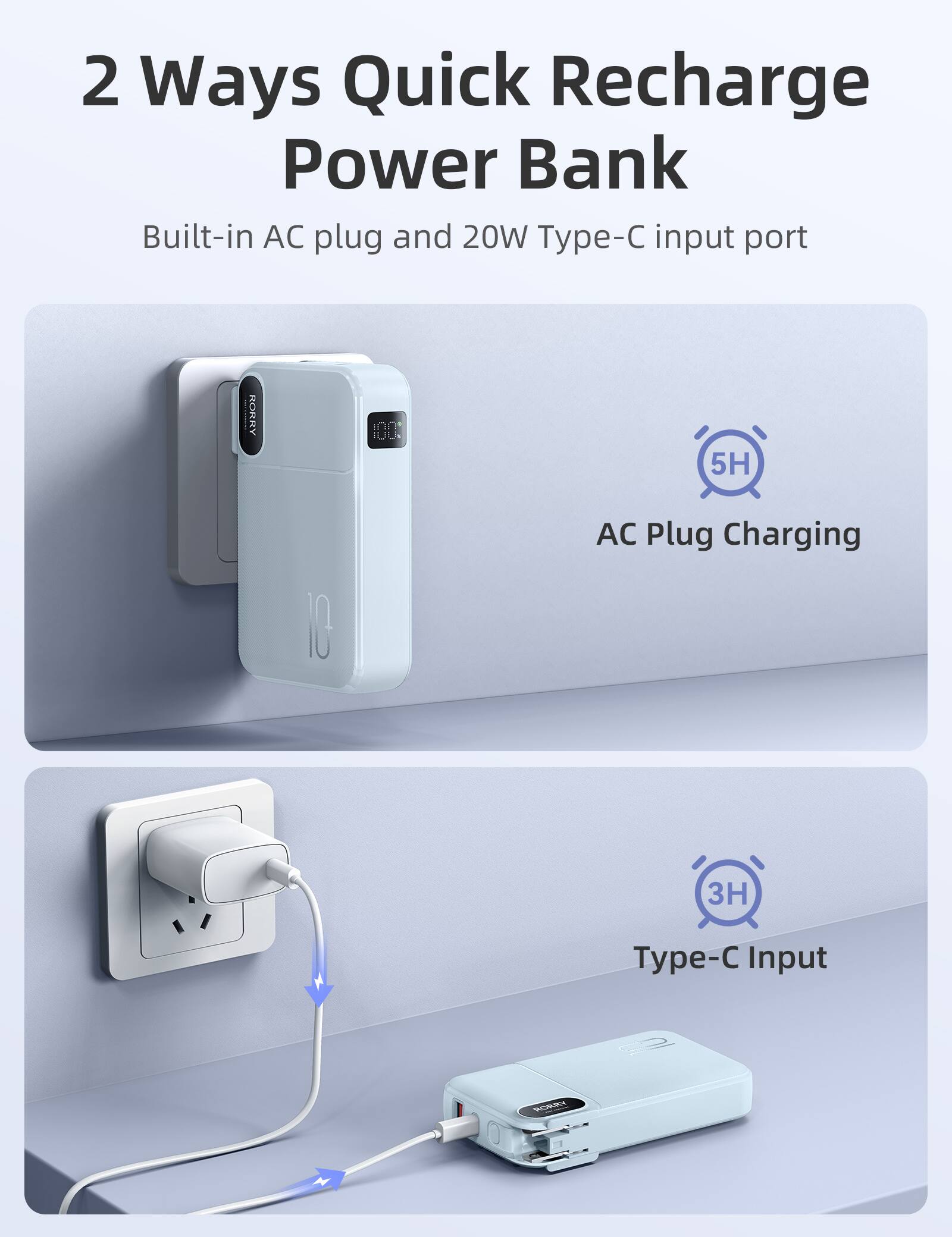 2 Ways Quick Recharge Power Bank  
Built-in AC plug and 20W Type-C input port  

KOKKY  
100%  
5H  
10  

AC Plug Charging  
3H  

- Input  
KORRY
