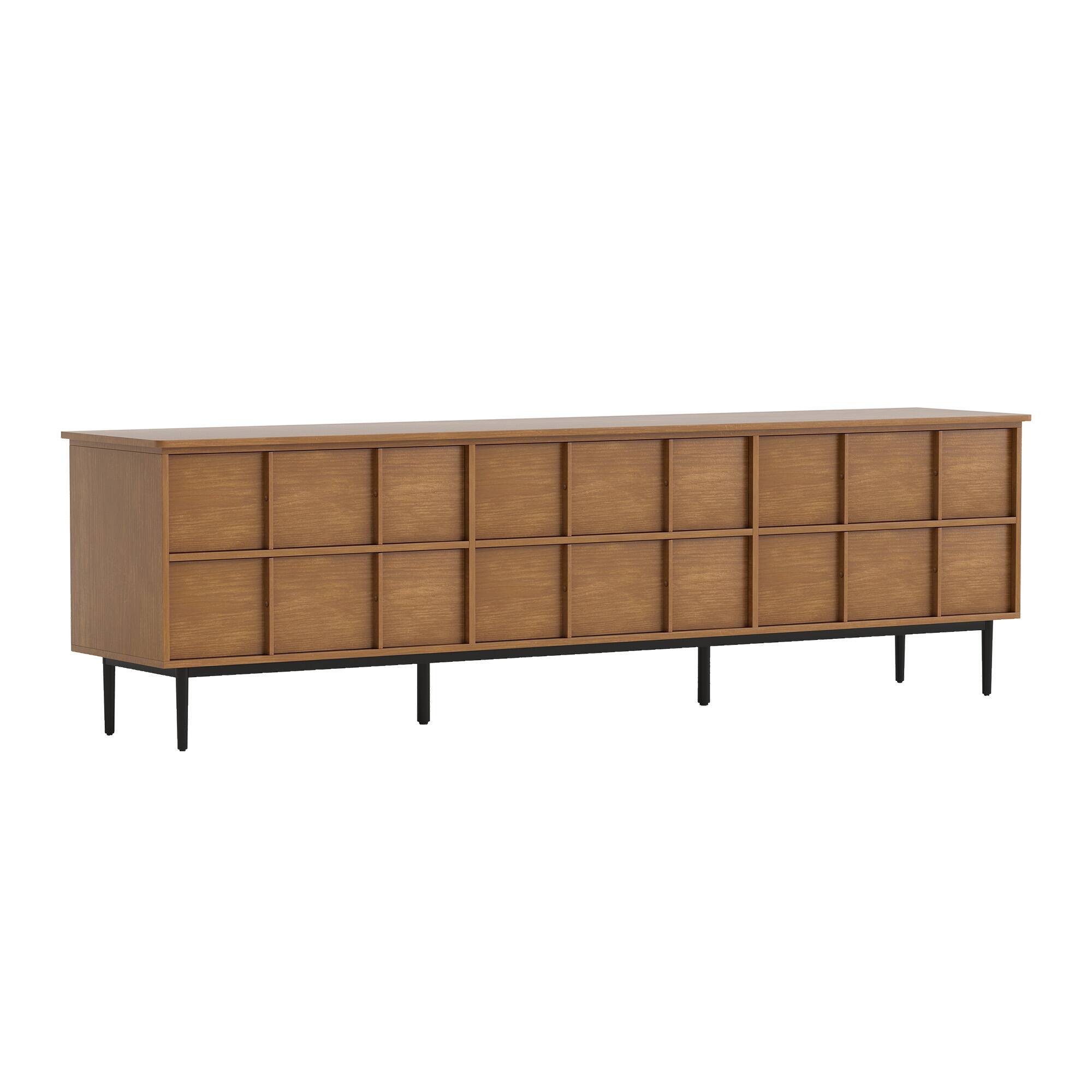 Alt View 5. luck idea - 86.61" Modern TV Stand, Waffle-Textured Front with 6 Drawers, Thickened Board Media Console, Metal Legs & Cable Holes - Walnut Color.
