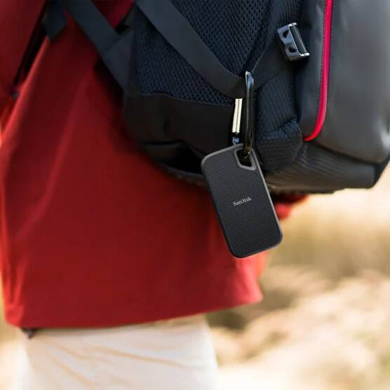 Left. SANDISK - Extreme Go Portable SSD 2TB, USB-C, NVMe, Up to 1050MB/s, IP65 Water and Dust Resistance - Black.