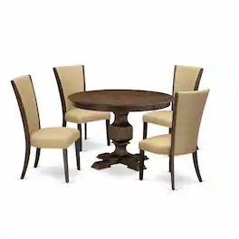 East West Furniture - 5-Piece Kitchen Dining Table Set - Pedestal Dining Table and 4 Brown Color Parson Modern Chairs - Multi-Color