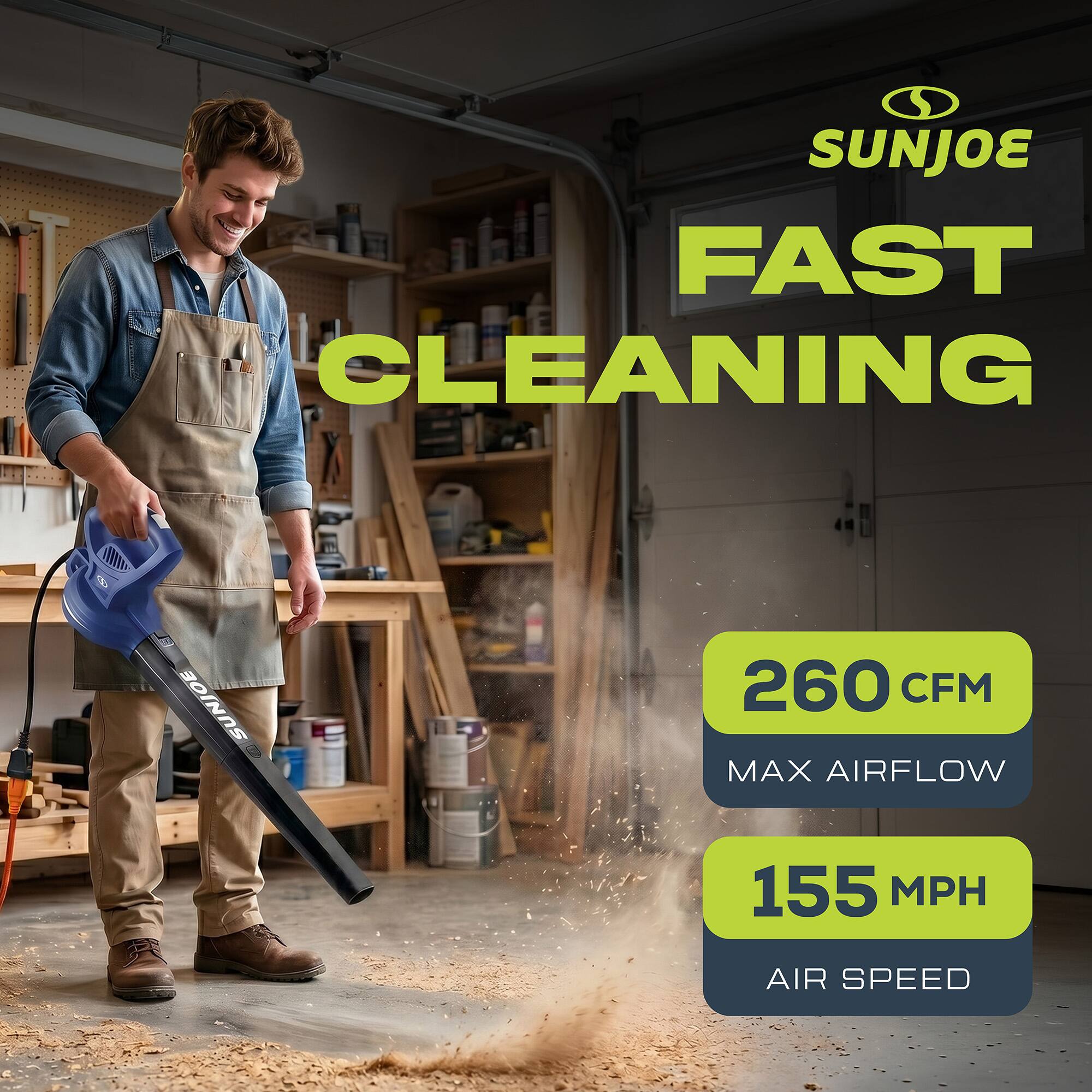 SUNJOE FAST CLEANING  
SUNJOE  
260 CFM MAX AIRFLOW  
155 MPH AIR SPEED