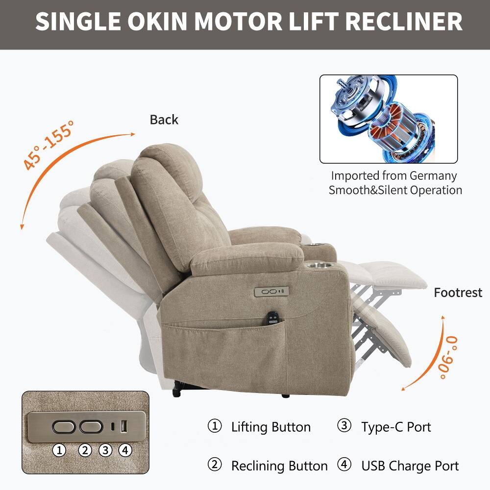 SINGLE OKIN MOTOR LIFT RECLINER

45°-155°

Back

Imported from Germany Smooth&Silent Operation

Footrest

Lifting Button

Type-C Port

Reclining Button

USB Charge Port