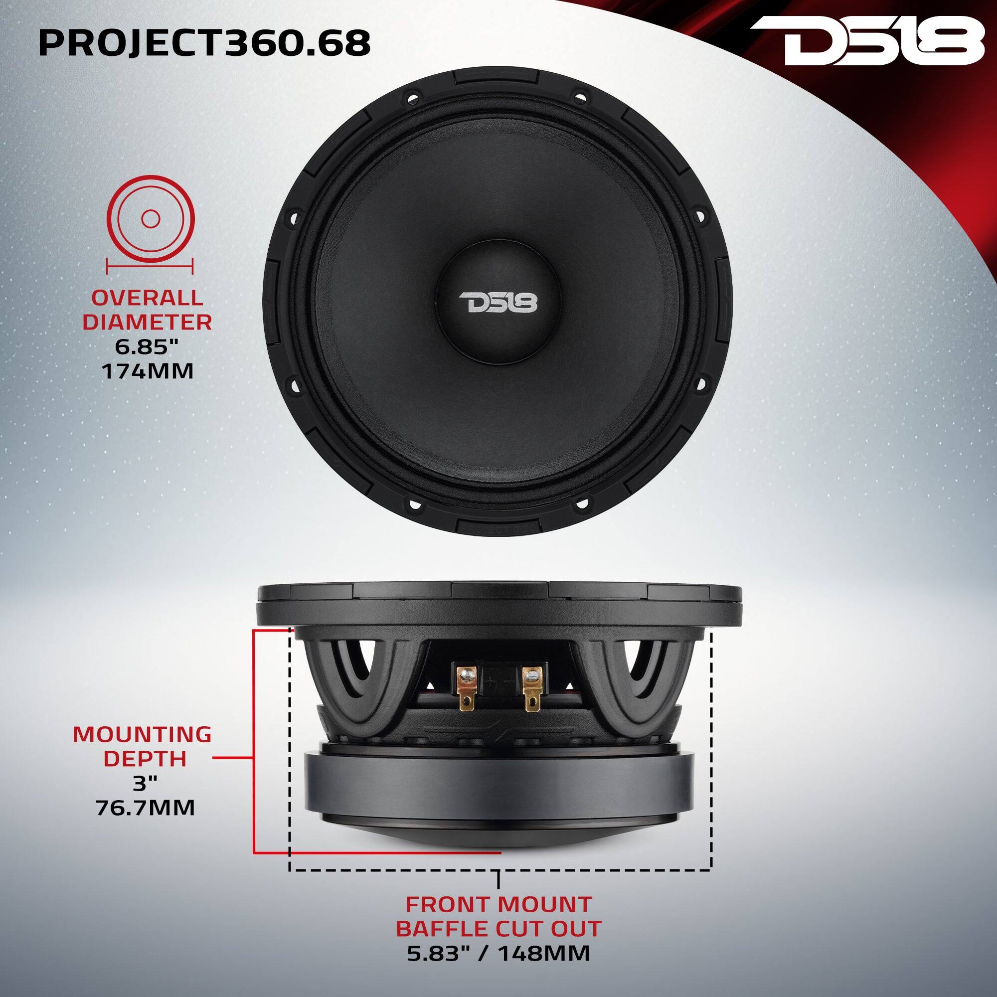 PROJECT360.68  
D518  
OVERALL DIAMETER 6.85" 174MM  
MOUNTING DEPTH 3" 76.7MM  
FRONT MOUNT BAFFLE CUT OUT 5.83" / 148MM