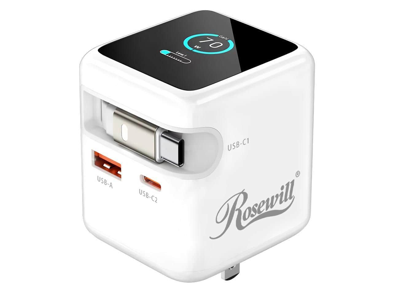 Rosewill - 70W Retractable USB-C Wall Charger with 3-Port GaN 3, Foldable Design & TFT Display - White