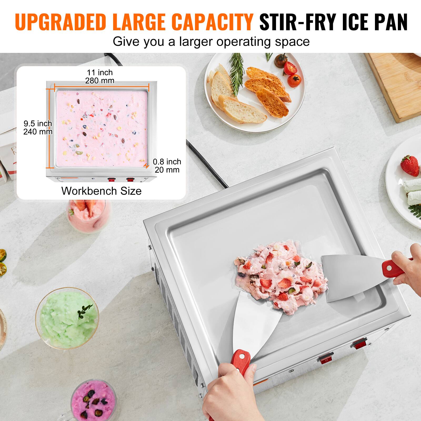 UPGRADED LARGE CAPACITY STIR-FRY ICE PAN  
Give you a larger operating space  

11 inch 280 mm  
9.5 inch 240 mm  
0.8 inch 20 mm  

Workbench Size