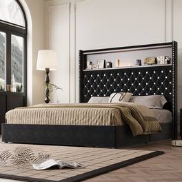 GOODSILO - Luxurious Queen Size Velvet Tufted Bed Frame with USB Port and Night Light, High Headboard Platform Bed - Black