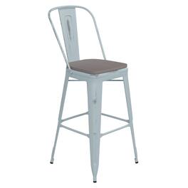 Emma + Oliver - Nova Distressed Metal Stools with Backs and Polystyrene Seats for Indoor/Outdoor Use - Gray Seat/Green-Blue Frame