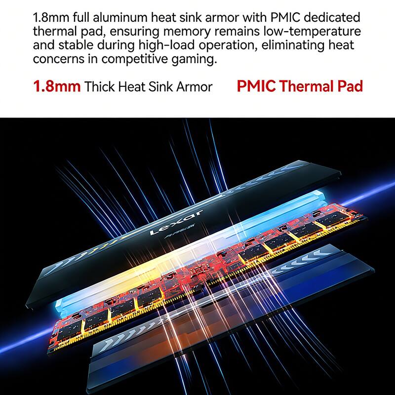 1.8mm full aluminum heat sink armor with PMIC dedicated thermal pad, ensuring memory remains low-temperature and stable during high-load operation, eliminating heat concerns in competitive gaming.

1.8mm Thick Heat Sink Armor  
PMIC Thermal Pad