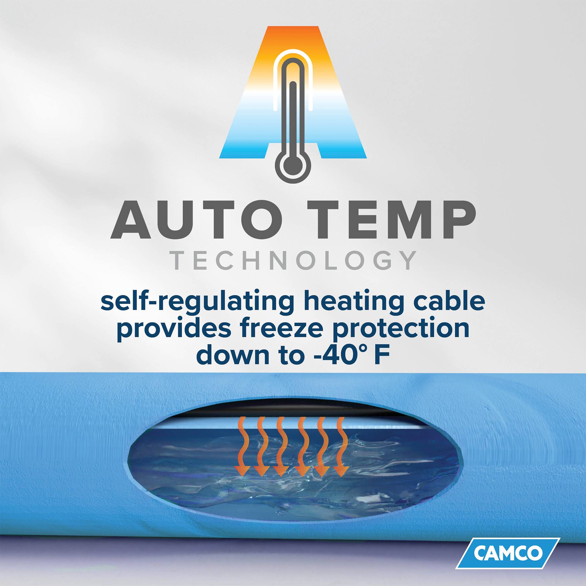 AUTO TEMP TECHNOLOGY  
self-regulating heating cable provides freeze protection down to -40°F  

CAMCO