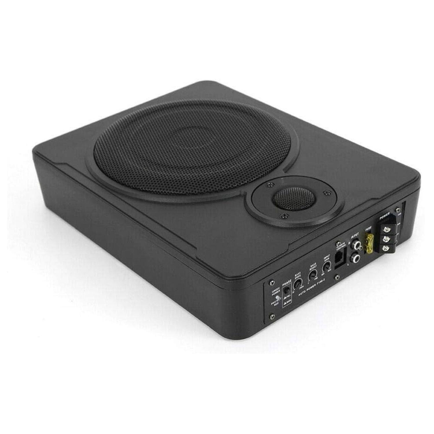 Angle. Stock Preferred - 8" 600W Audio Slim Under-Seat Powered Subwoofer with Amp Kit - Black.