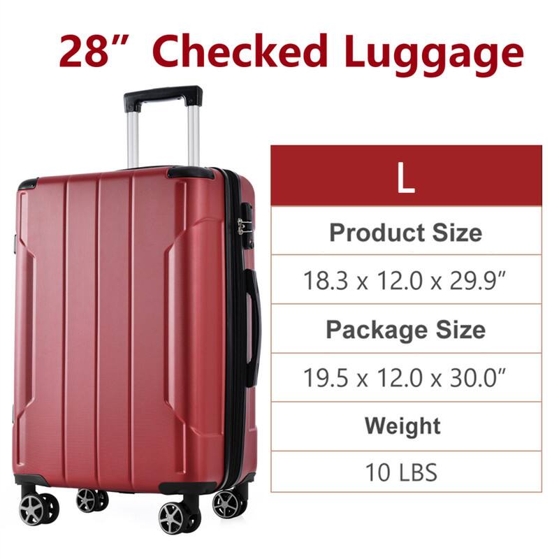 28" Checked Luggage  
L  
Product Size: 18.3 x 12.0 x 29.9"  
Package Size: 19.5 x 12.0 x 30.0"  
Weight: 10 LBS