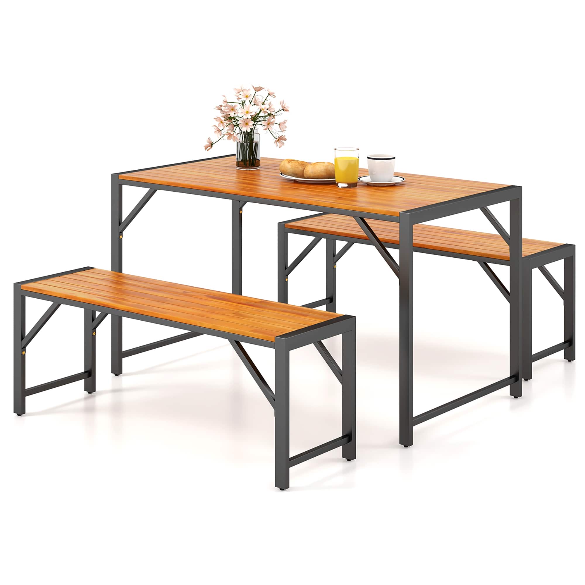 Gymax - 3 PCS Patio Dining Set for 6 People 53'' Acacia Wood Picnic Table & 2 Benches - Natural, Black price history on PriceWatchPro