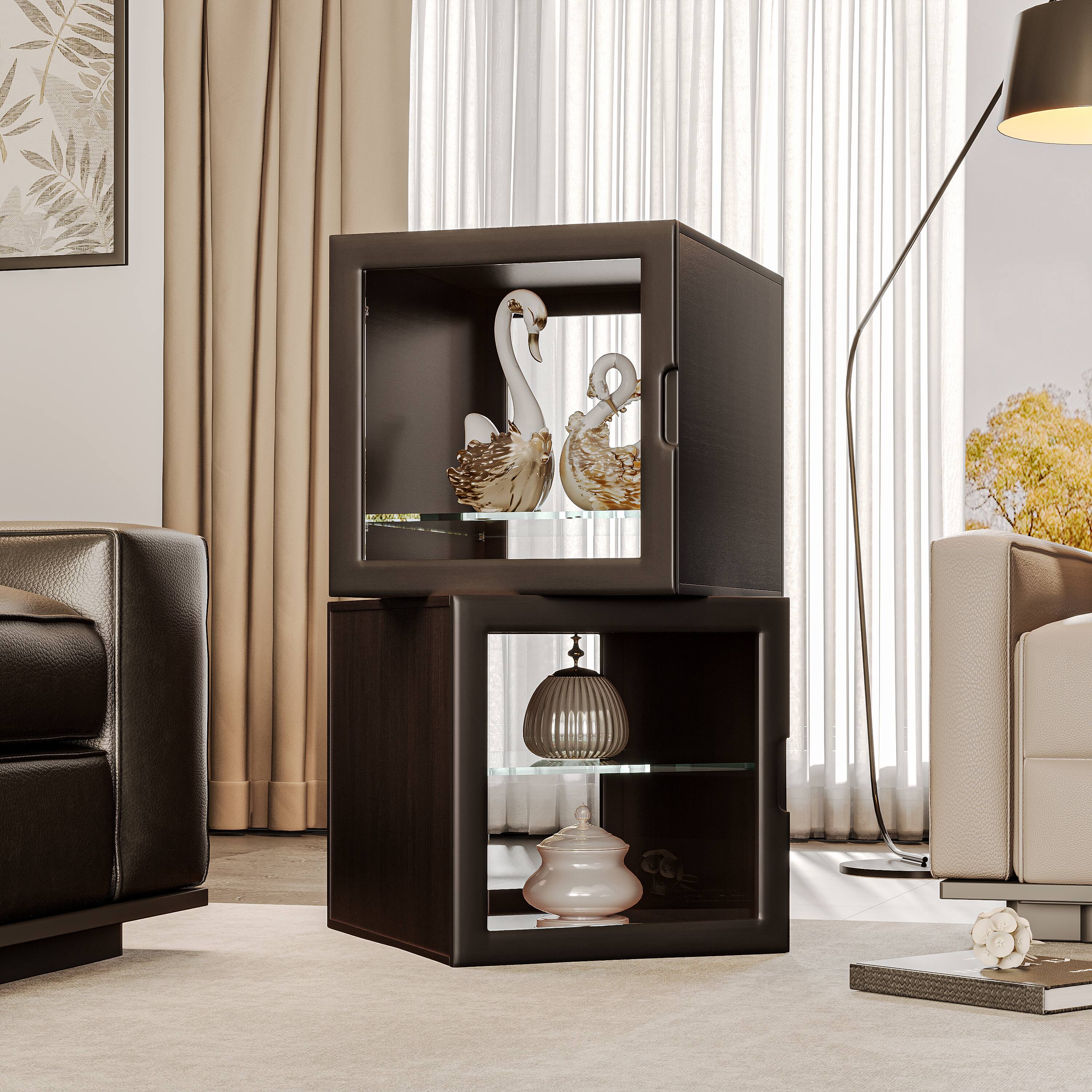 Front. MSOOB - Dual-Sided Glass Display Cabinet, Curio Cabinet for Collectibles with Adjustable Shelves (2 Pack) - Black Walnut.