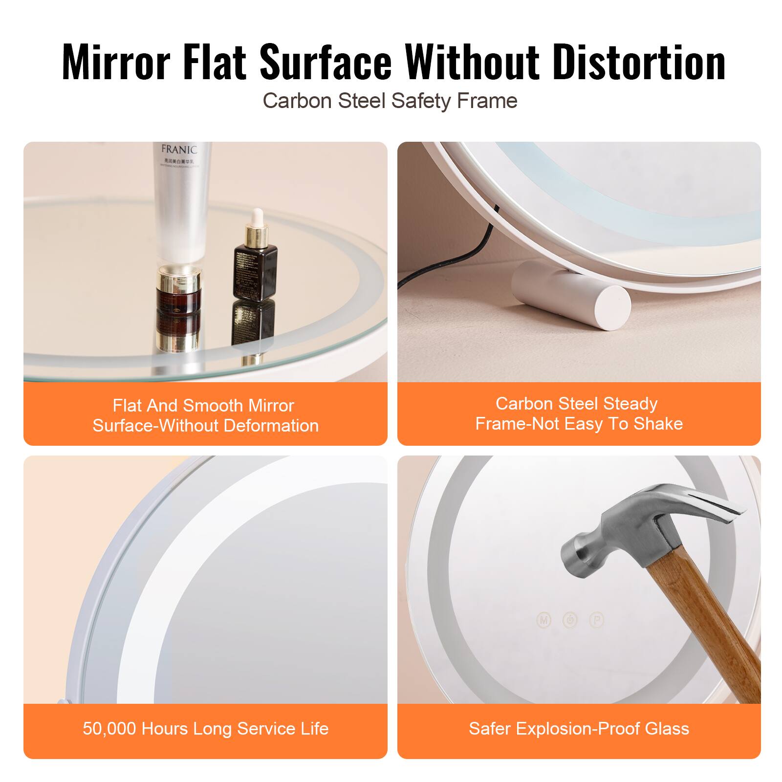 Mirror Flat Surface Without Distortion  
Carbon Steel Safety Frame  

- Flat And Smooth Mirror Surface-Without Deformation  
- Carbon Steel Steady Frame-Not Easy To Shake  
- 50,000 Hours Long Service Life  
- Safer Explosion-Proof Glass