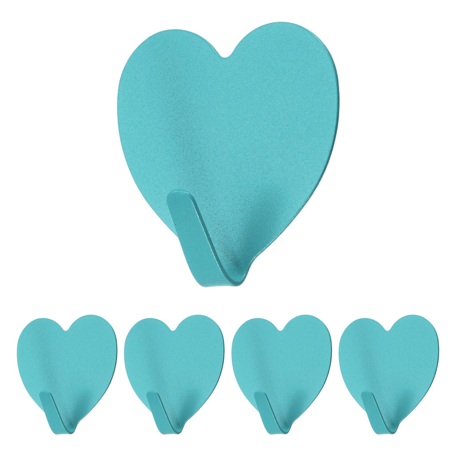 Front. Unique Bargains - 5pcs Heart Shaped Wall Hooks, Metal Adhesive Towel Hook, Heavy Duty Sticky for Bathroom Kitchen Office Keys Coats - Blue.