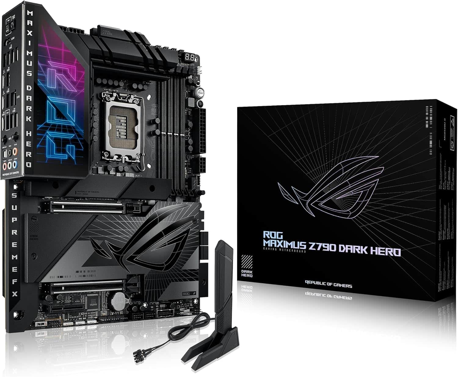 ROG MAXIMUS Z790 DARK HERO  
GAMING MOTHERBOARD  

REPUBLIC OF GAMERS  

MAXIMUS DARK HERO  
10000  
SUPERFX  

ROG MAXIMUS Z790 DARK HERO  
GAMING MOTHERBOARD  

REPUBLIC OF GAMERS  

HEGO DARK HERO  
СЕРВИСНАЯ ГРУППА