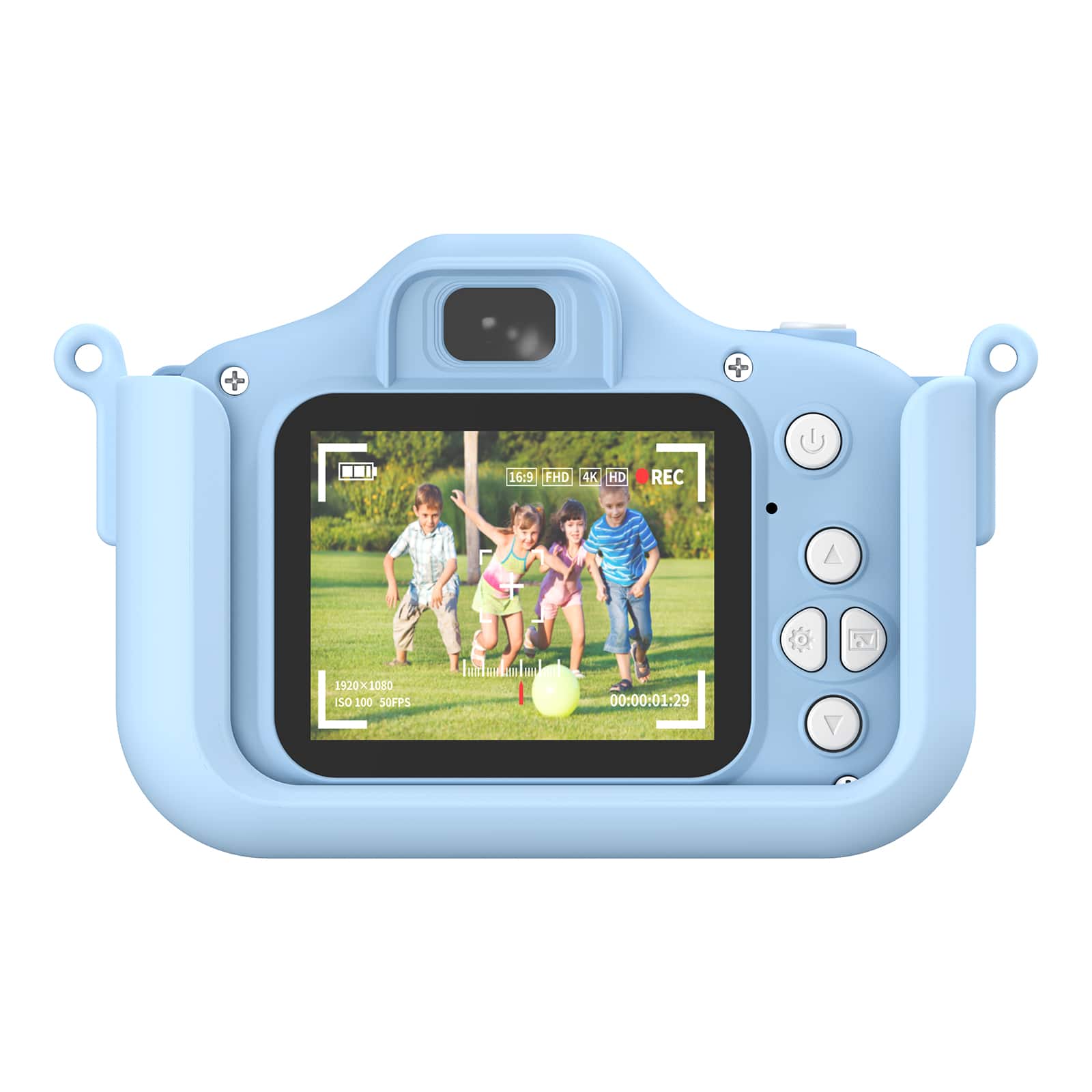 The image shows a group of children playing with a sports ball in a park. The scene is captured on a blue camera, which is displaying the image on its screen. The camera is set to record in 16:9 FHD 4K HD resolution, with a frame rate of 100 SOFPS. The image is captured at 1920x1050 pixels, and the time stamp indicates that the recording started at 00:00:01:29.
