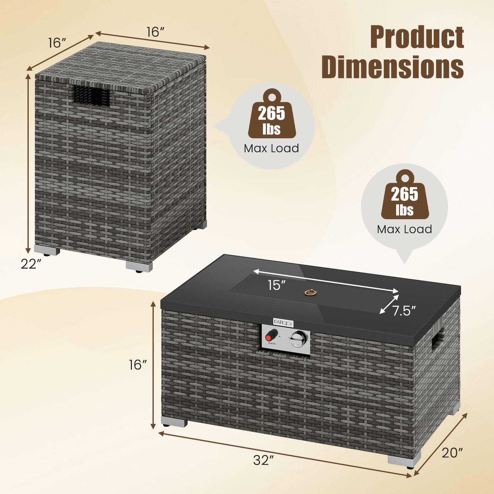Product Dimensions

- 16" x 16" x 22"
- 32" x 20" x 15"
- 7.5" (depth of the control panel)

Max Load: 265 lbs