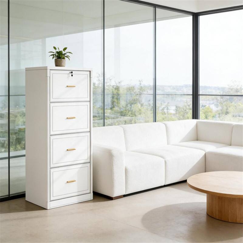 Back. HTUTWOO - 4 Drawer File Cabinet - Vertical Filing Cabinet with Lock, Full Extension Drawers, Adjustable Hanging Bars, Gold Handles - White.